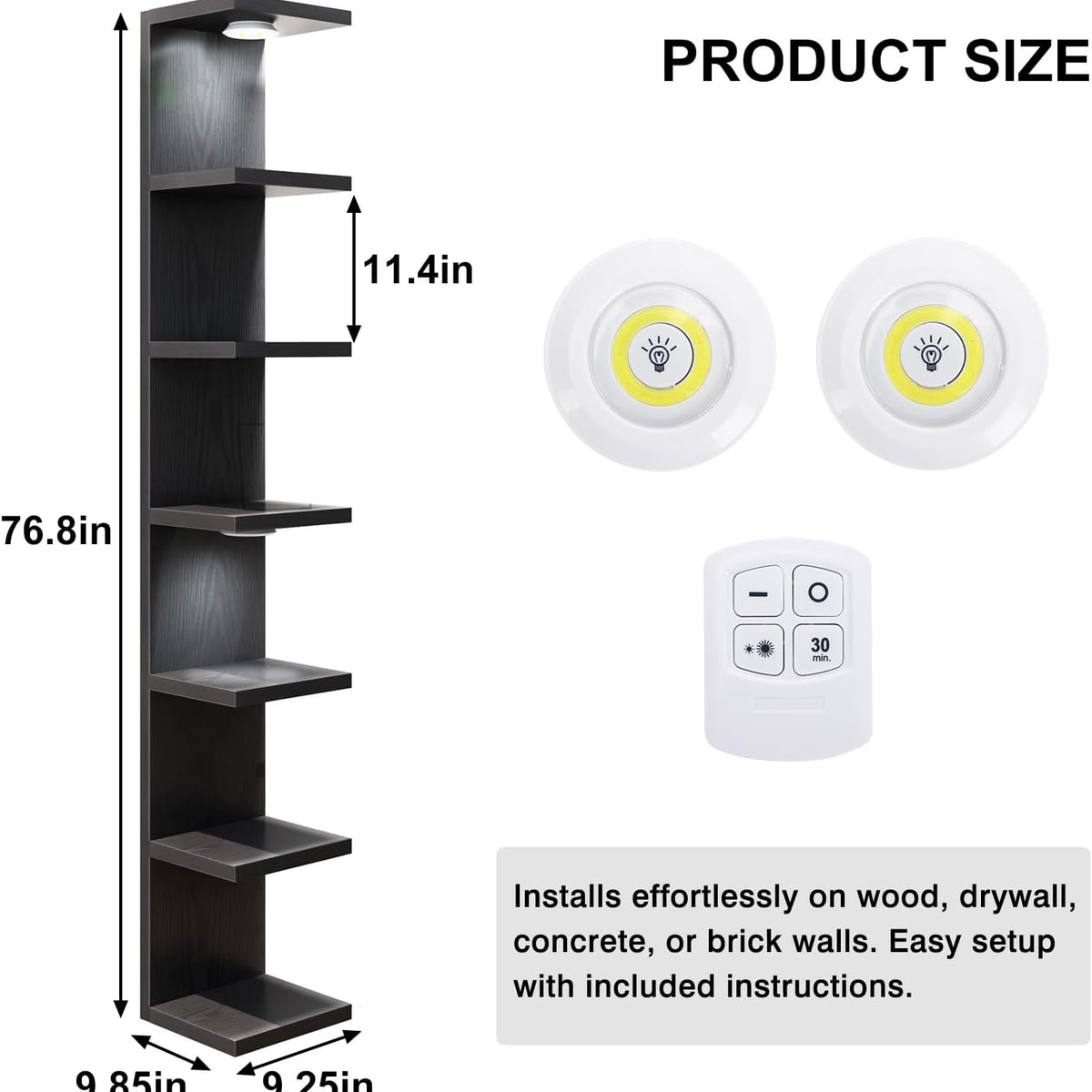 Fixwal Black Shelves 7 Tier Wall Mounted Shelf Unit Floating Shelves with LED Lights Lack Wall Shelf for Home Decor Organizer Display