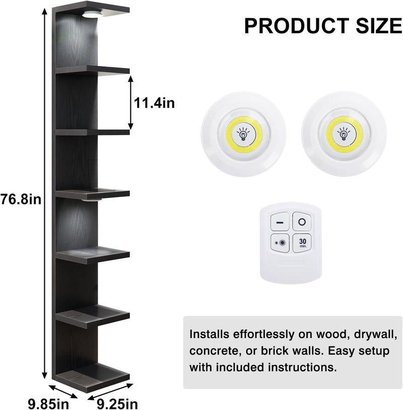 Fixwal Black Shelves 7 Tier Wall Mounted Shelf Unit Floating Shelves with LED Lights Lack Wall Shelf for Home Decor Organizer Display