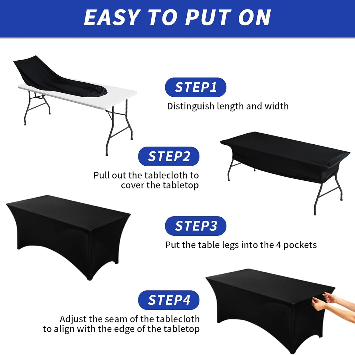 Fixwal 3 Pack Black Tablecloth Rectangle 8Ft, Stretch Spandex Fitted Table Cover for Party, Trade Show, Wedding, Buffet, Graduation, Vendor Stand