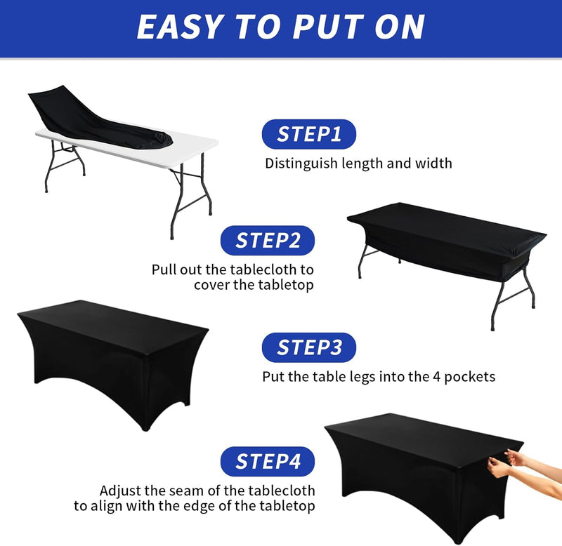 Fixwal 3 Pack Black Tablecloth Rectangle 8Ft, Stretch Spandex Fitted Table Cover for Party, Trade Show, Wedding, Buffet, Graduation, Vendor Stand