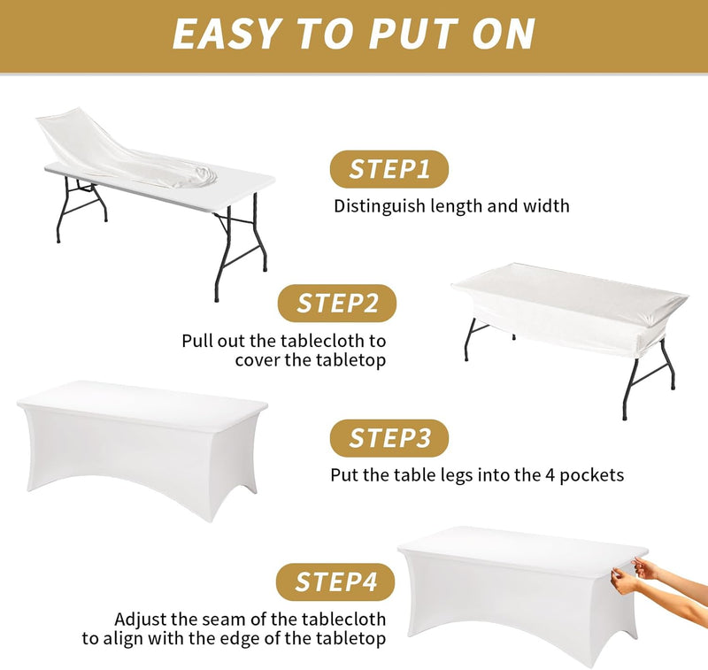 Fixwal 3 Pack Pearl White Tablecloth Rectangle 8Ft, Stretch Spandex Fitted Table Cover for Party, Trade Show, Wedding, Buffet, Graduation, Vendor Stand