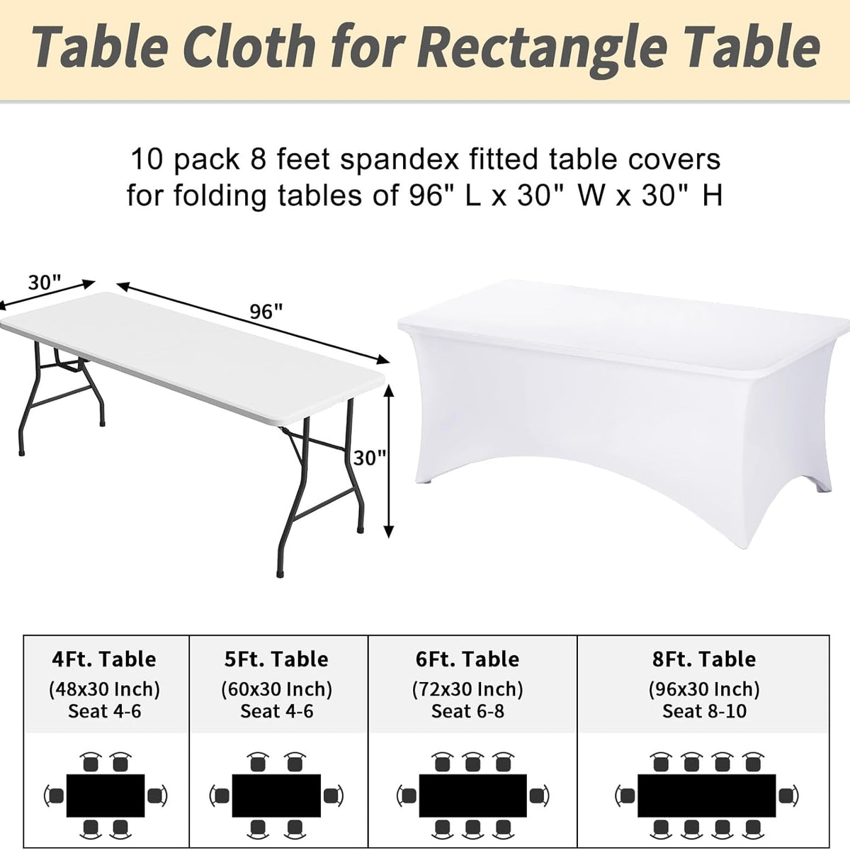 Fixwal 10 Pack 8Ft White Table Cover, Spandex Fitted Tablecloths Rectangle, Wrinkle-Free and Stretch Folding Table Cloth for Banquet, Wedding, Party, Trade Show