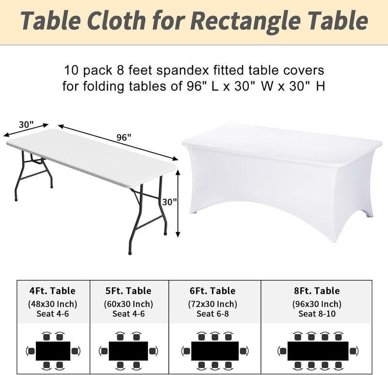 Fixwal 10 Pack 8Ft White Table Cover, Spandex Fitted Tablecloths Rectangle, Wrinkle-Free and Stretch Folding Table Cloth for Banquet, Wedding, Party, Trade Show