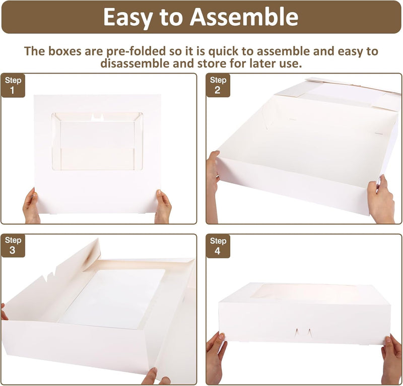 Moretoes 10pcs 19x14x4in Half Sheet Cake Boxes with Window, White Cookie Boxes, for Pastry Baking Cake Donuts Cupcake Pie Packaging, Auto-Popup