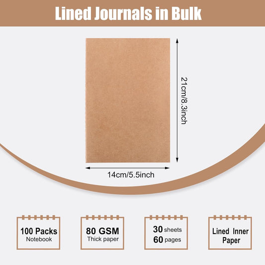 100pcs Lined A5 Kraft Notebook, Journals for Travelers 8.3x5.5in Notebooks 30 Sheets/60 Pages for Students and Office Travel Journal Set