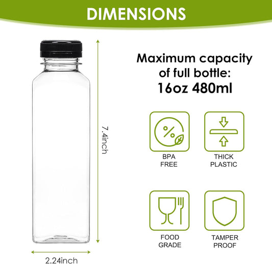 200pcs 16oz Plastic Juice Bottles with Caps, Clear Empty Reusable Water Bottles, Disposable Beverage Containers Bulk for Juicing Smoothies Turmeric Juice Milk and Other Beverages