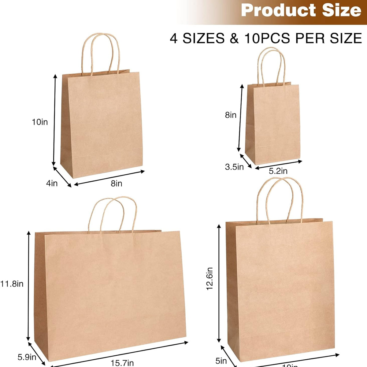 Moretoes 40pcs Brown Paper Bags with Handles Paper Gift Bags Assorted Size (8/10/12.6/16 Inches) 10 Per Size for Shopping, Retail, Gift