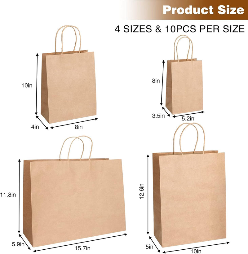 Moretoes 40pcs Brown Paper Bags with Handles Paper Gift Bags Assorted Size (8/10/12.6/16 Inches) 10 Per Size for Shopping, Retail, Gift