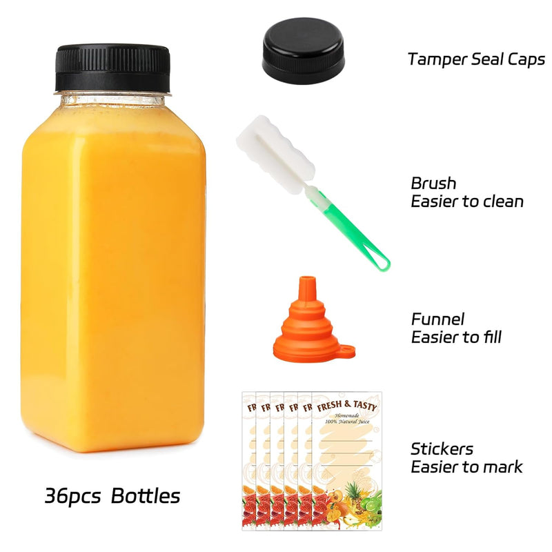 36pcs 8oz Juice Bottles with Lids, Food Grade Reusable Clear Containers with Black Tamper Evident Caps for Juice, Milk and Other Beverages