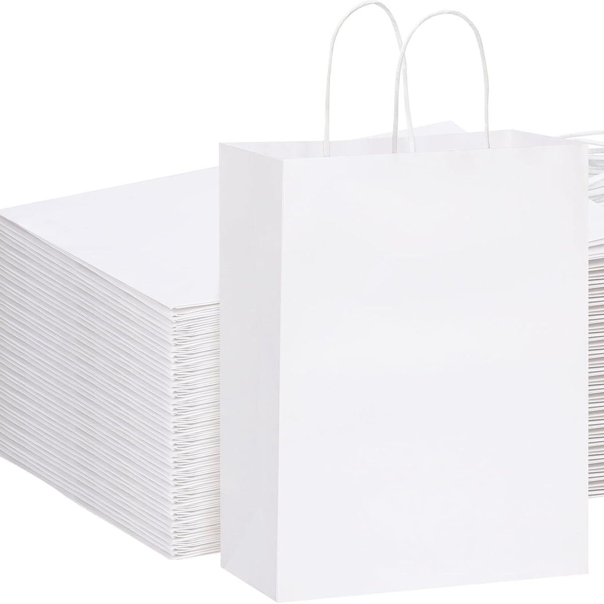 Moretoes Paper Bags with Handles 100pcs 10x5x13 Inches, White Kraft Gift Bags Bulk for Shopping, Retail, Small Business, Birthday Wedding Party Favor, Merchandise