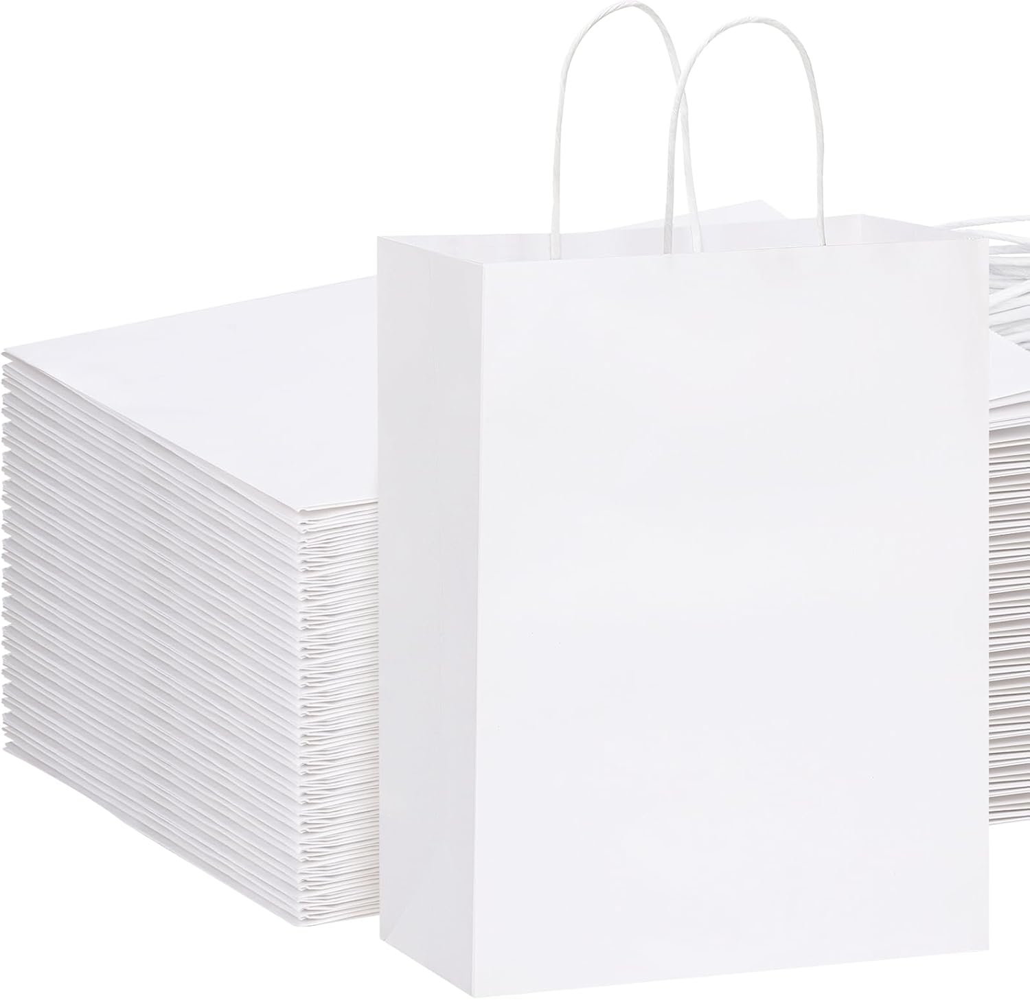 Moretoes Paper Bags with Handles 100pcs 10x5x13 Inches, White Kraft Gift Bags Bulk for Shopping, Retail, Small Business, Birthday Wedding Party Favor, Merchandise