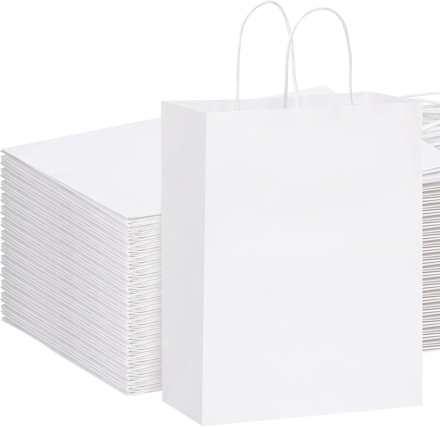 Paper Bags with Handles 100pcs 10x5x13 Inches, White Kraft Gift Bags Bulk for Shopping, Retail, Small Business, Birthday Wedding Party Favor, Merchandise