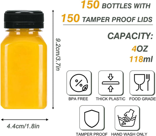 150pcs Juice Bottles with Caps, 4oz Plastic Containers with Lids Empty Reusable Clear Ginger Shots Bottles with Label, Funnel, and Brush Beverage for Juicing, Smoothies, Drinking, Fridge