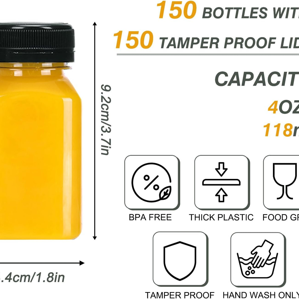 150pcs Juice Bottles with Caps, 4oz Plastic Containers with Lids Empty Reusable Clear Ginger Shots Bottles with Label, Funnel, and Brush Beverage for Juicing, Smoothies, Drinking, Fridge