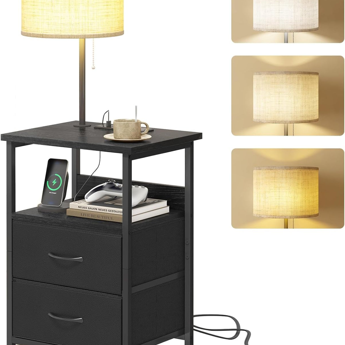 Fixwal Bedside Table with 3 Color Temperature Reading Light, Nightstand with LED Light & Charging Station End Table with Adjustable Fabric Drawer for Bedroom, Dorm, Black