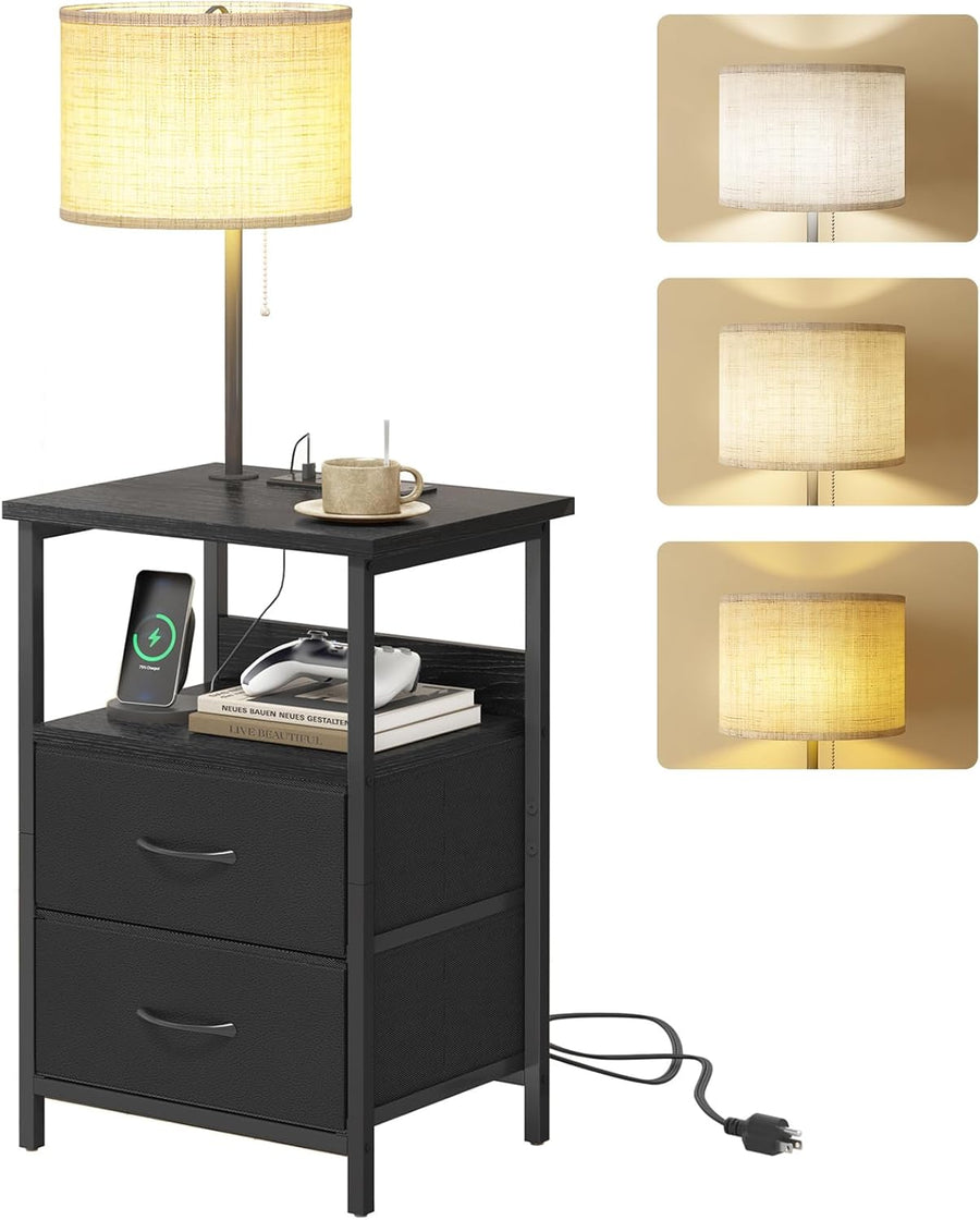 Bedside Table with 3 Color Temperature Reading Light, Nightstand with LED Light & Charging Station End Table with Adjustable Fabric Drawer for Bedroom, Dorm, Black