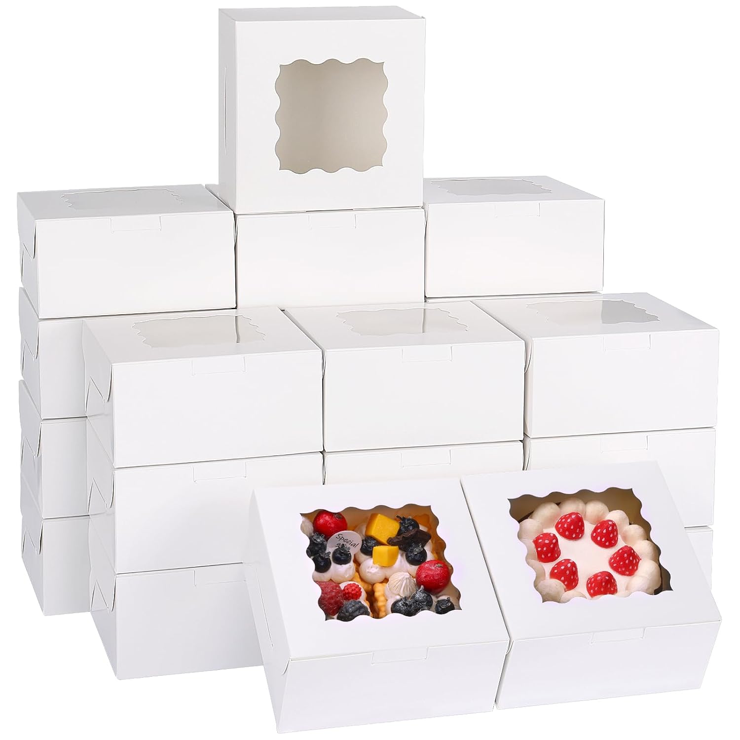Moretoes 80pcs 6x6x3 Inches Bakery Boxes, Cookie Boxes with Window, Small Treat Containers for Pastries, Chocolate Covered Strawberries, Macarons, Cupcakes, Goodies, Donuts,White