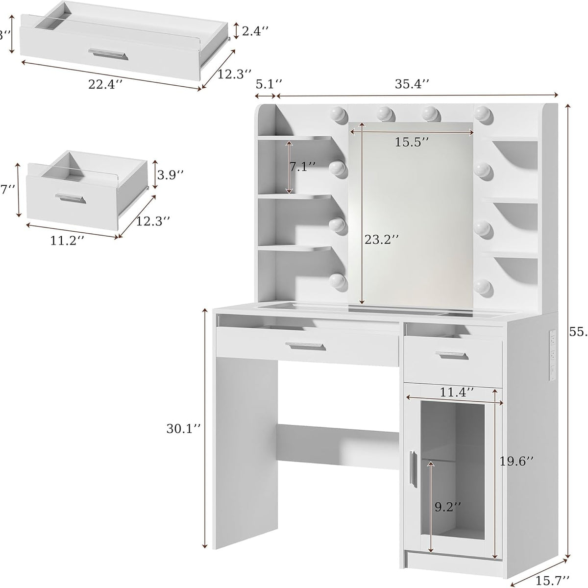 Vanity Desk with Mirror and Lights, Makeup Vanity Desk with Lights 3 Colors, Transparent Top Vanity with 2 RGB Drawers, 6 Shelves, Large Tempered Cabinet, Power Outlet, for Bedroom, White