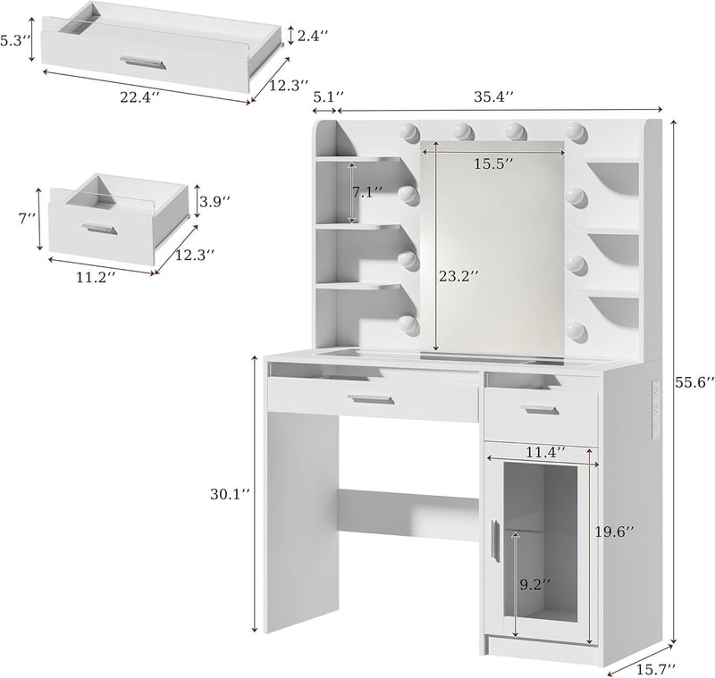Vanity Desk with Mirror and Lights, Makeup Vanity Desk with Lights 3 Colors, Transparent Top Vanity with 2 RGB Drawers, 6 Shelves, Large Tempered Cabinet, Power Outlet, for Bedroom, White
