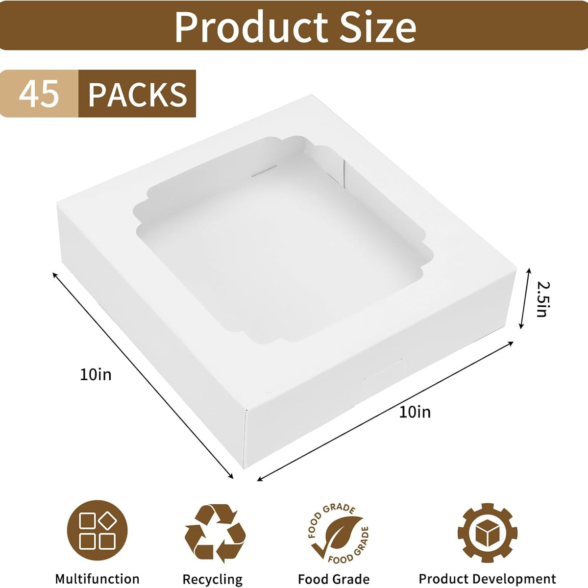 Moretoes Pie Boxes, 45pcs 10x10x2.5 Inches Bakery Boxes, Auto-Popup Cookie Container with Window for Pie, Strawberries, Cookie Cake, Treats