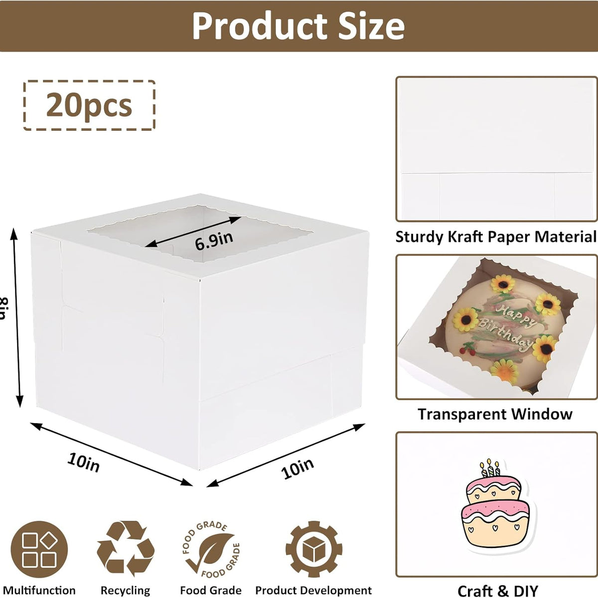 Moretoes 20pcs Cake Boxes, 10x10x8 Inches Tall Cake Box with Window, White Bakery Box, Large Baking Boxes with Window for Valentine's Day, Mother's Day, Pastries, Pies, Desserts