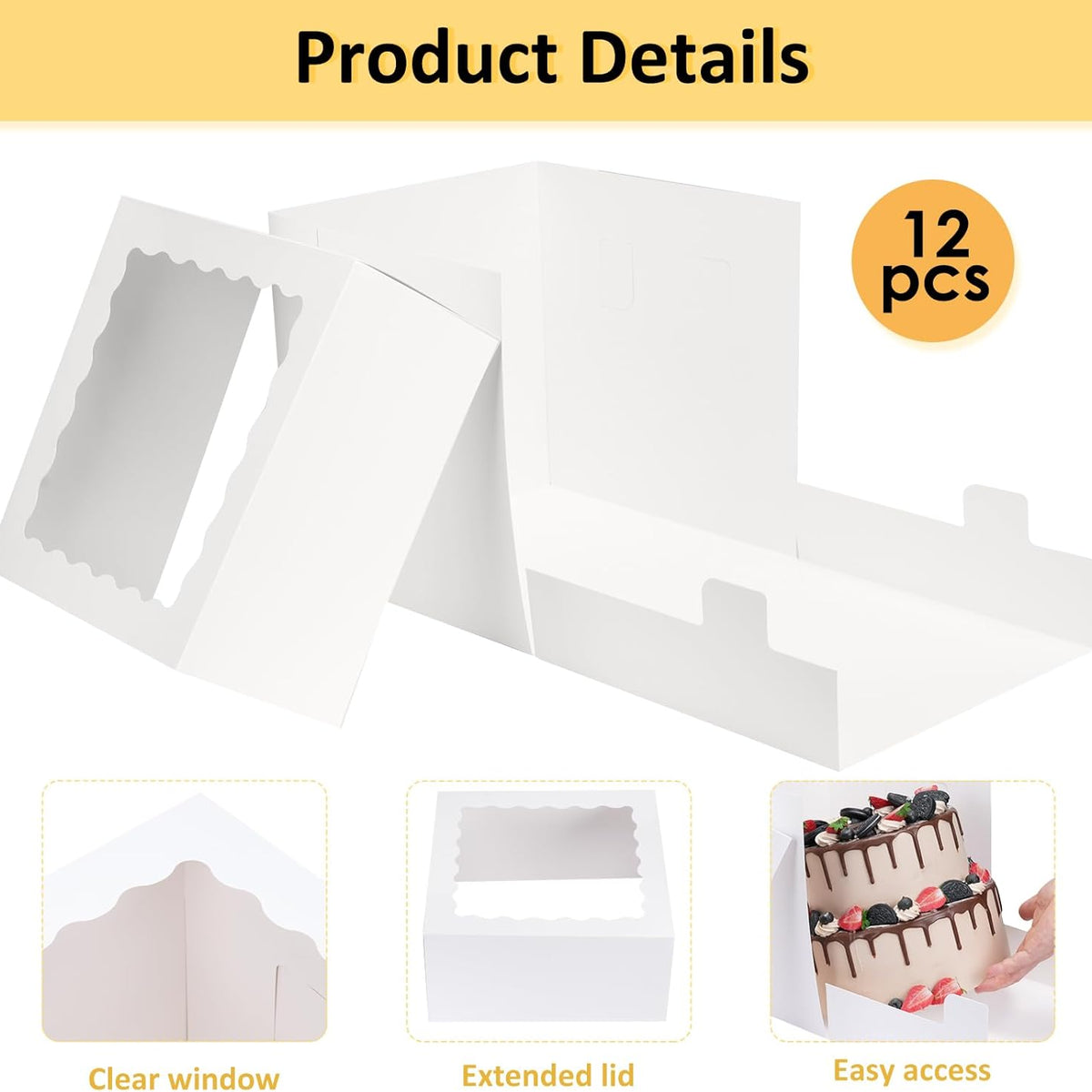Moretoes 12 Pack Cake Boxes, 12x12x12 Inch Cake Box with Window for Tier Cakes, Sturdy Tall Cake Carrier with Lids, Disposable Containers for Valentine's Day, Mother's Day, Wedding, Birthday, Party