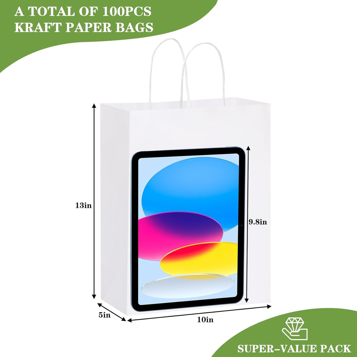 Moretoes Paper Bags with Handles 100pcs 10x5x13 Inches, White Kraft Gift Bags Bulk for Shopping, Retail, Small Business, Birthday Wedding Party Favor, Merchandise