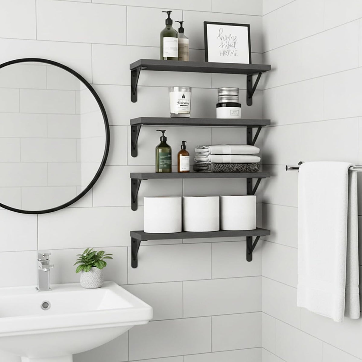 Fixwal Floating Shelves for Wall, Wood Wall Mounted Shelves for Bedroom, Bathroom, Living Room, Kitchen Storage and Decor(Black, Set of 4, 16.5 Inch)
