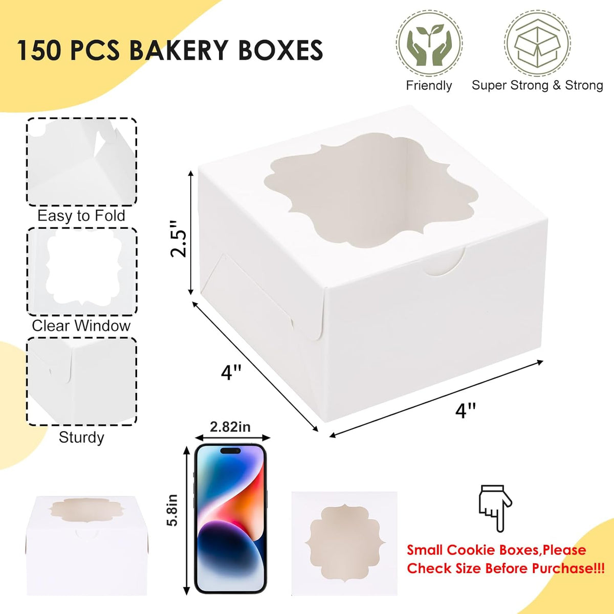 150pcs White Small Cookie Boxes with Window,4x4x2.5 Inch Small Bakery Boxes, 3 Style, Cookie Boxes Bulk for Dessert, Chocolate Strawberries Donuts and Party Favor