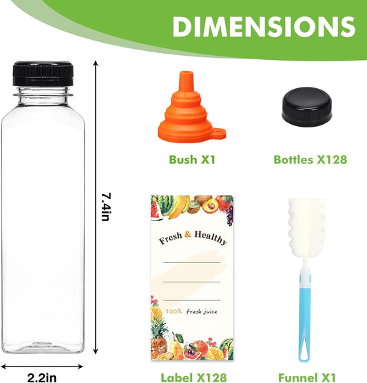 128pcs 16oz Empty Plastic Juice Bottles with Caps, Reusable Clear Bulk Beverage Containers for Juice, Milk and Other Beverages