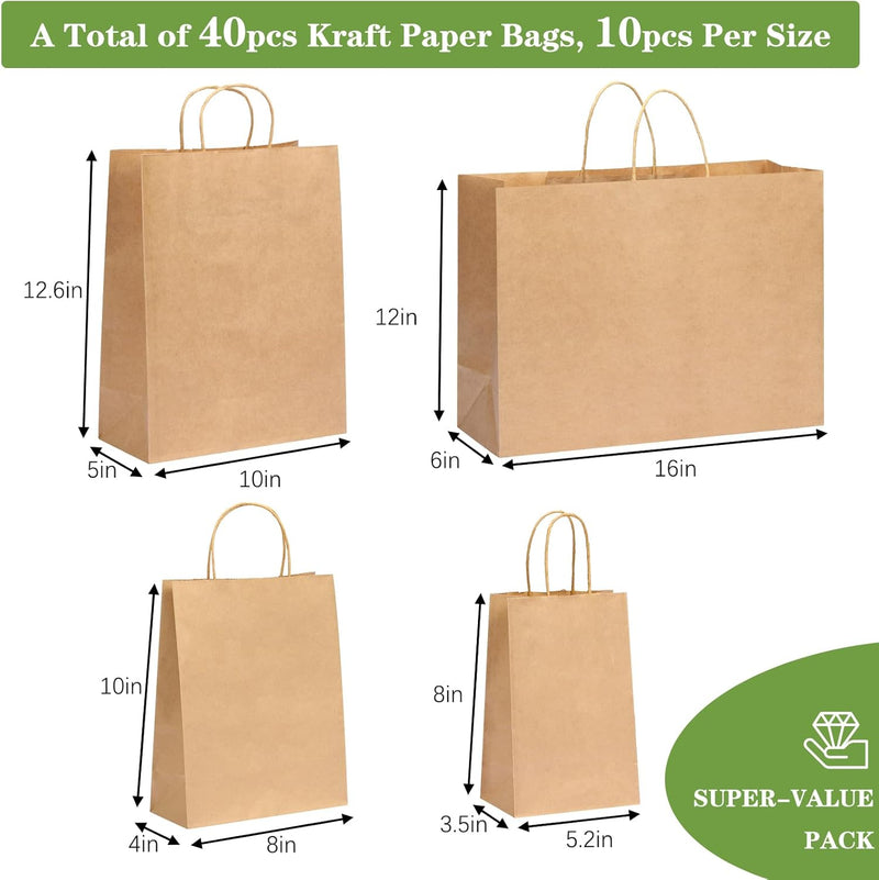 Moretoes 40pcs Brown Paper Bags with Handles Paper Gift Bags Assorted Size (8/10/12.6/16 Inches) 10 Per Size for Shopping, Retail, Gift