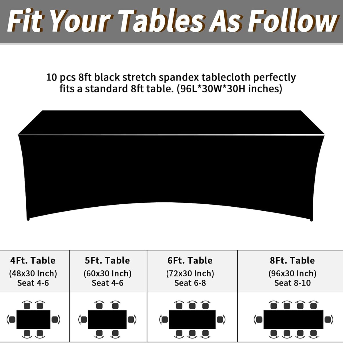 Fixwal 10 Pack 8Ft Black Table Cover, Spandex Fitted Tablecloths Rectangle, Wrinkle-Free and Stretch Folding Table Cloth for Banquet, Wedding, Party, Trade Show