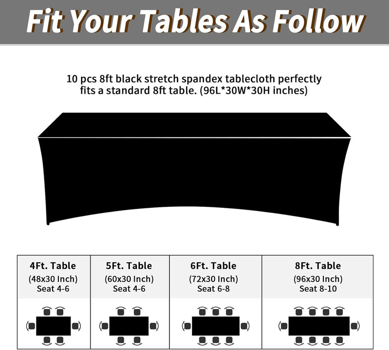 Fixwal 10 Pack 8Ft Black Table Cover, Spandex Fitted Tablecloths Rectangle, Wrinkle-Free and Stretch Folding Table Cloth for Banquet, Wedding, Party, Trade Show