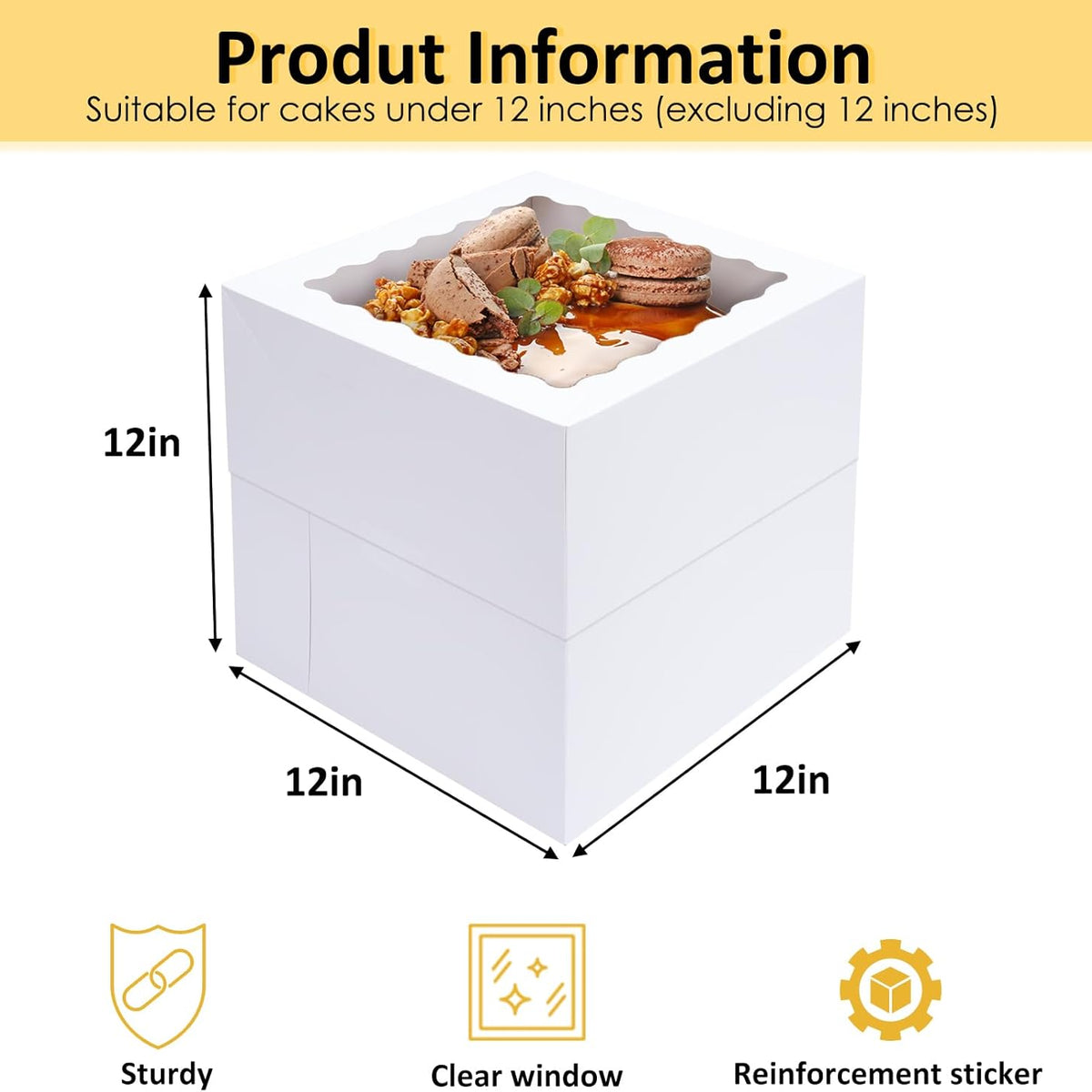 Moretoes 12 Pack Cake Boxes, 12x12x12 Inch Cake Box with Window for Tier Cakes, Sturdy Tall Cake Carrier with Lids, Disposable Containers for Valentine's Day, Mother's Day, Wedding, Birthday, Party