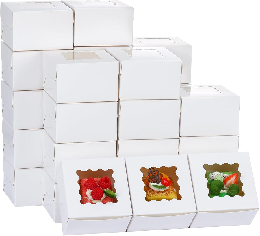 200pcs Small Cookie Boxes, 4x4x2.5 Inch White Bakery Boxes with Window for Pastries, Treats, Cupcakes, Donuts, Candy, Strawberries