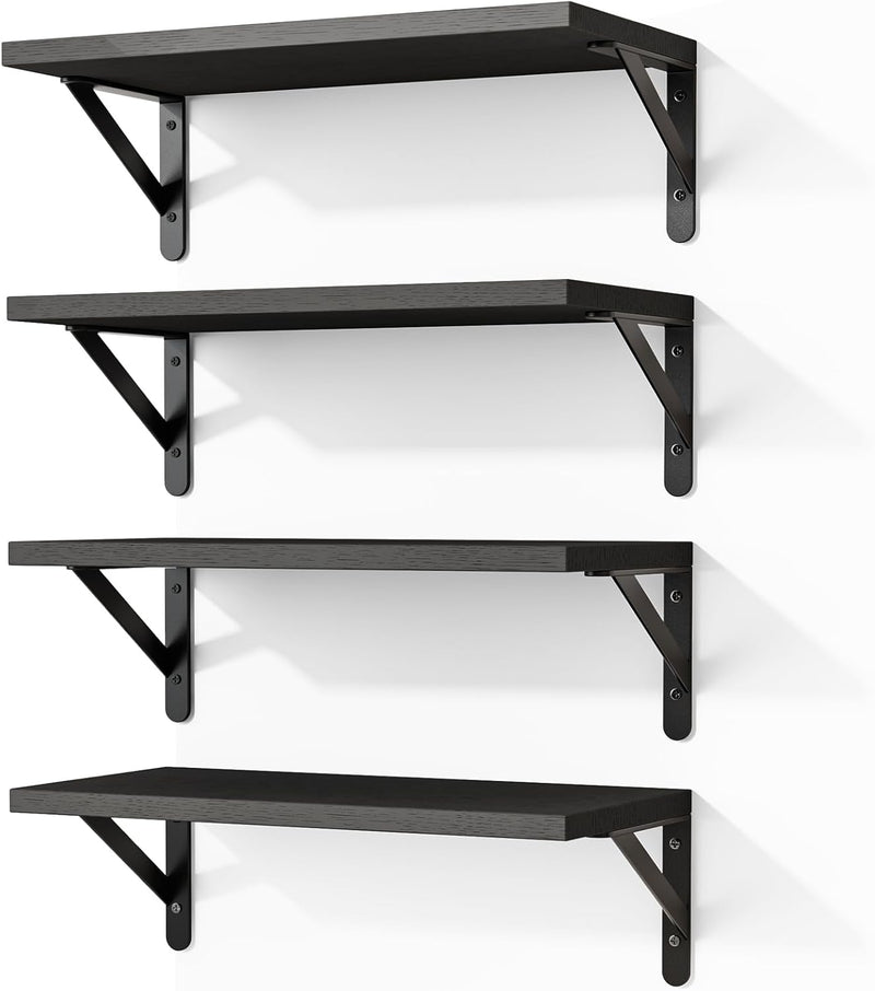 Fixwal Floating Shelves for Wall, Wood Wall Mounted Shelves for Bedroom, Bathroom, Living Room, Kitchen Storage and Decor(Black, Set of 4, 16.5 Inch)