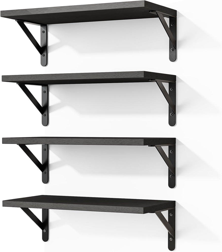 Floating Shelves for Wall, Wood Wall Mounted Shelves for Bedroom, Bathroom, Living Room, Kitchen Storage and Decor(Black, Set of 4, 16.5 Inch)