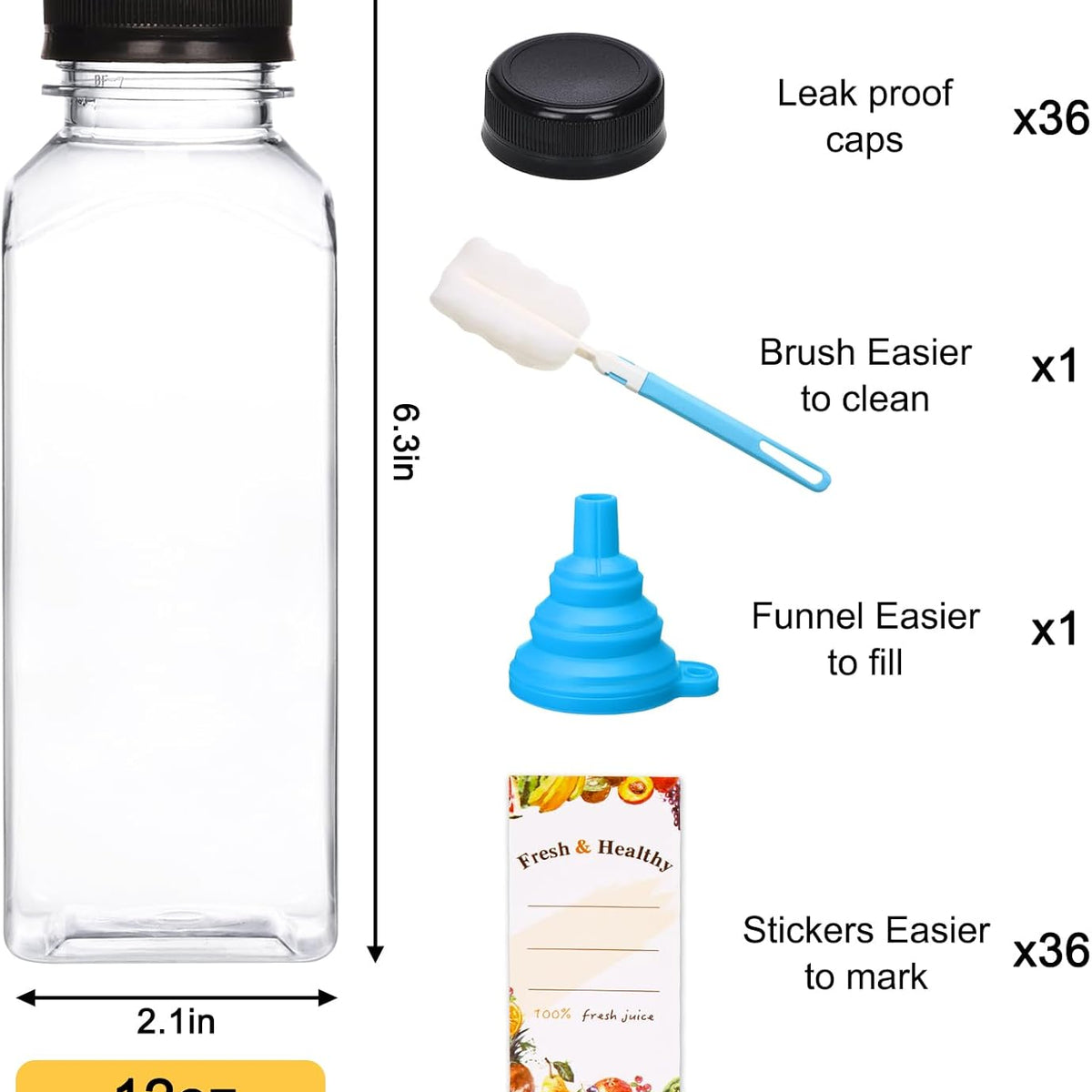 Moretoes 36pcs 12oz Juice Bottles, Plastic Bottles with Lids, Reusable Clear Containers with Caps for Juices, Milk, Smoothie and Other Beverages