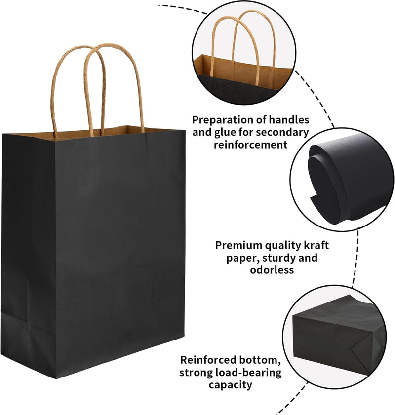 Moretoes 110pcs Paper Gift Bags Black Paper Bags with Handles, 8x4x10 Inch Medium Sizes Gift Bags Bulk, Paper Bags for Small Business, Shopping Bags, Retail Bags, Party Bags, Favor Bags