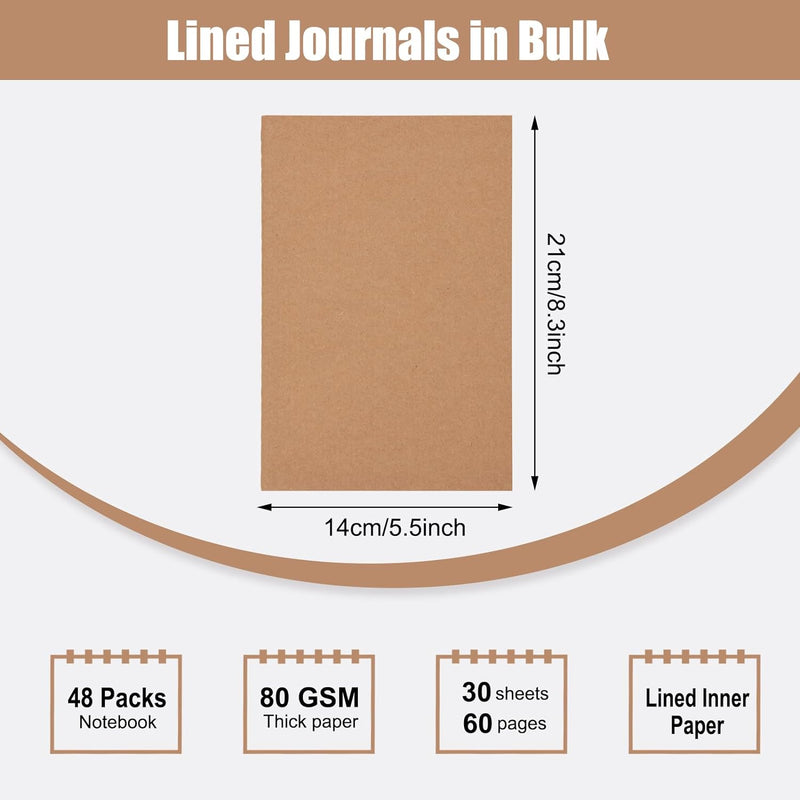 48 Pack A5 Lined Kraft Notebooks, Travel Journals Bulk 8.3x5.5in College Ruled Subject Notebooks 30 Sheets 60 Pages for Writing School Office Supplies