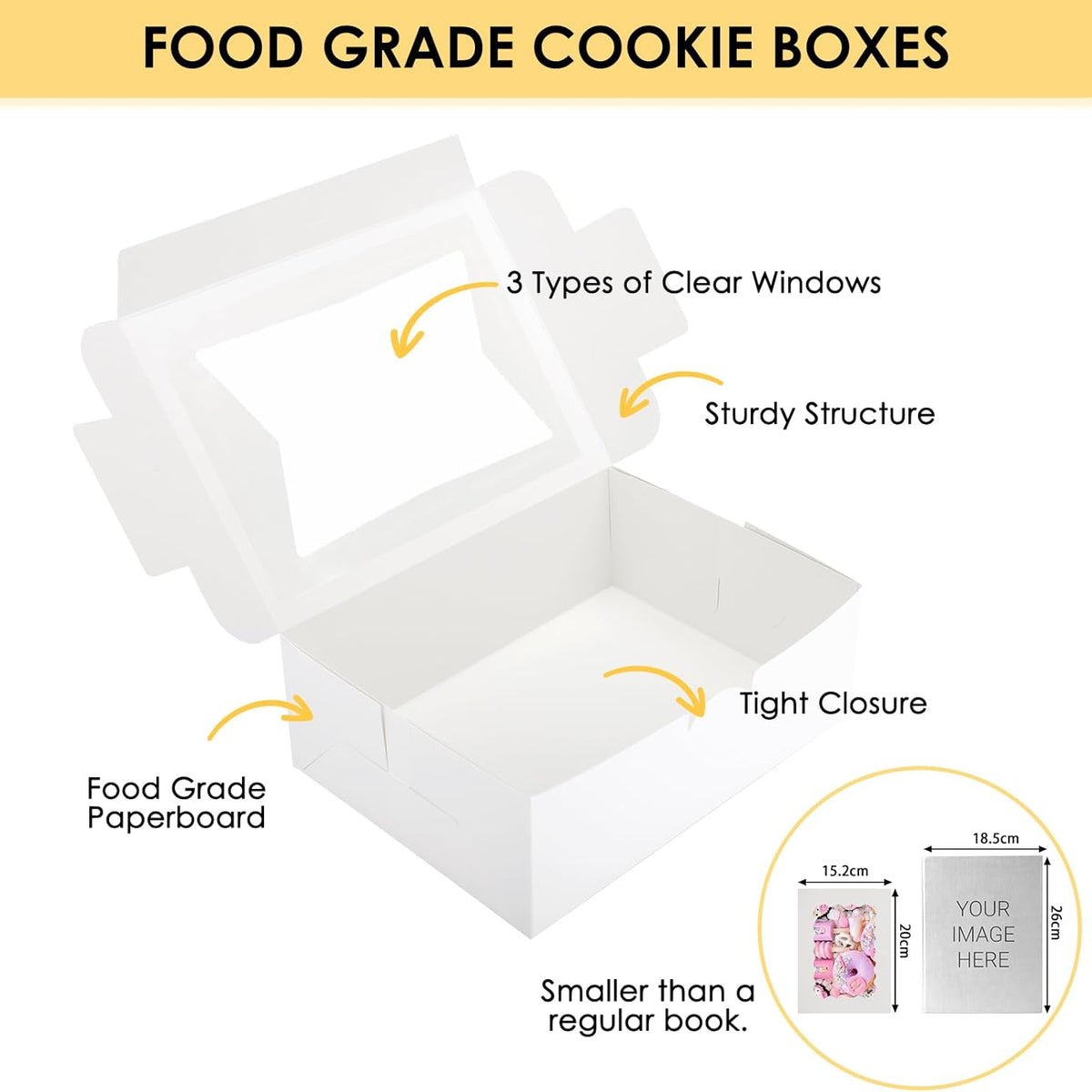 Moretoes 48pcs Cookie Boxes with Window, 8x6x2.5 Inch 3 Style Pastry Boxes for Treat, Chocolate Covered Strawberries, Candy, Muffins, Donuts