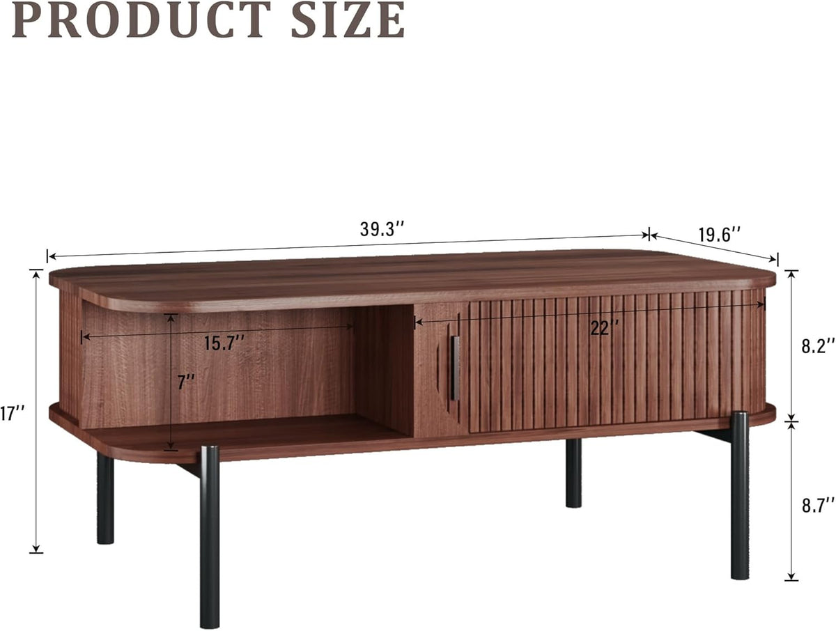 Coffee Table, 39.4" Fluted Coffee Table for Living Room, Mid Century Modern Table with Sliding Cabinet Door 2-Tier Rustic Wood Desktop with Storage Open Shelf, Walnut
