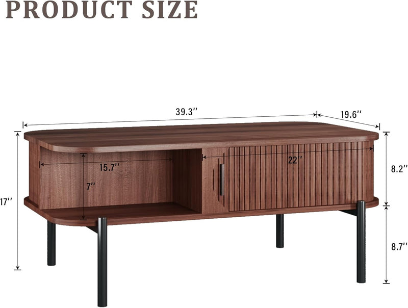 Coffee Table, 39.4" Fluted Coffee Table for Living Room, Mid Century Modern Table with Sliding Cabinet Door 2-Tier Rustic Wood Desktop with Storage Open Shelf, Walnut