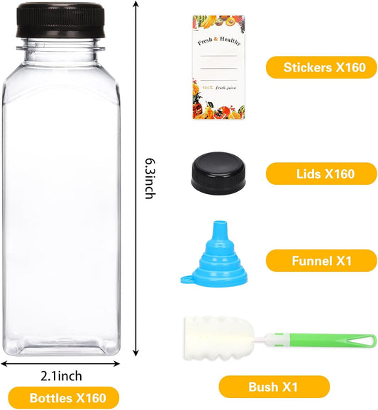 160pcs 12oz Plastic Juice Bottles with Caps, Clear Empty Reusable Bottles with Brush Funnel and Labels for Juicing, Smoothies and Other Beverages
