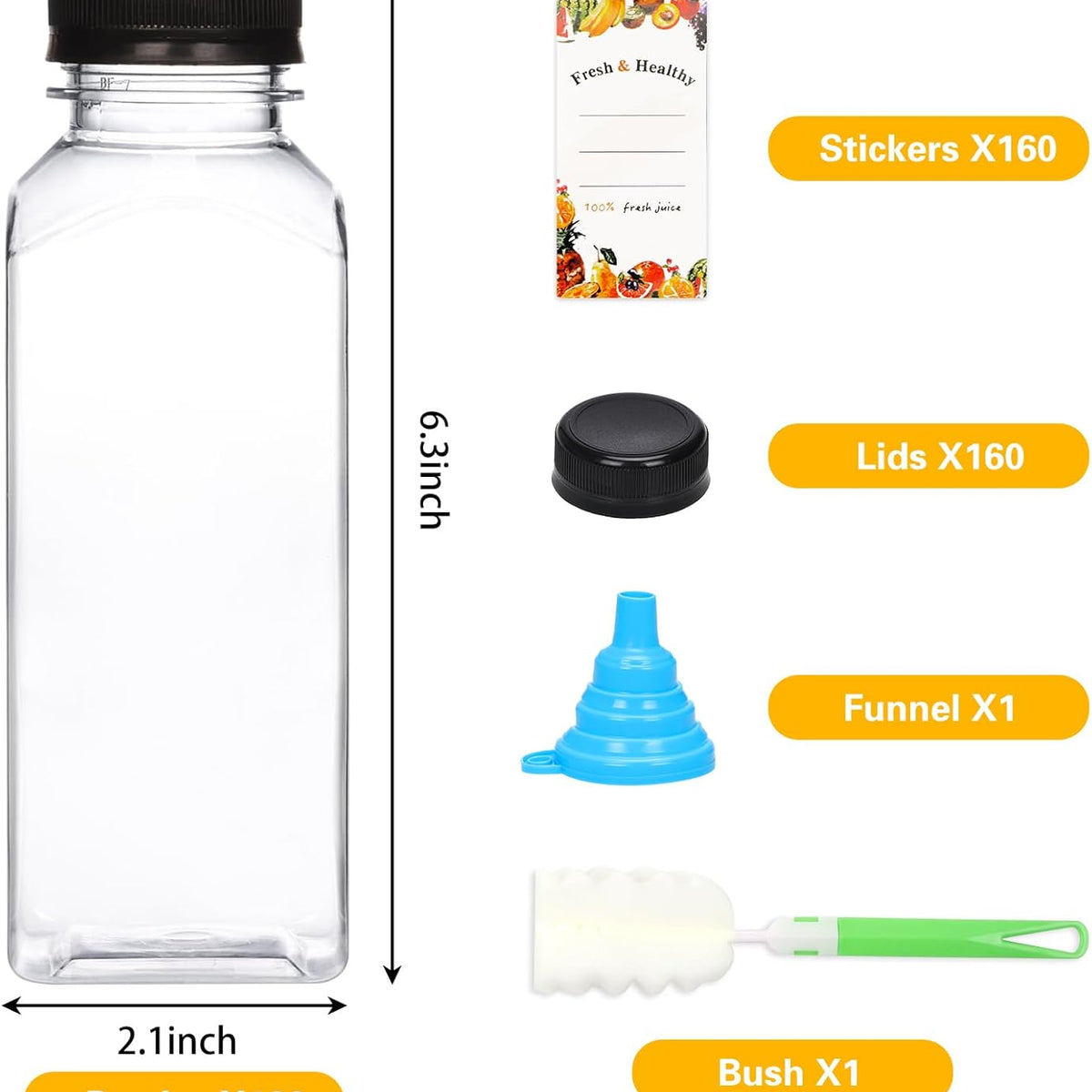 Moretoes 160pcs 12oz Plastic Juice Bottles with Caps, Clear Empty Reusable Bottles with Brush Funnel and Labels for Juicing, Smoothies and Other Beverages