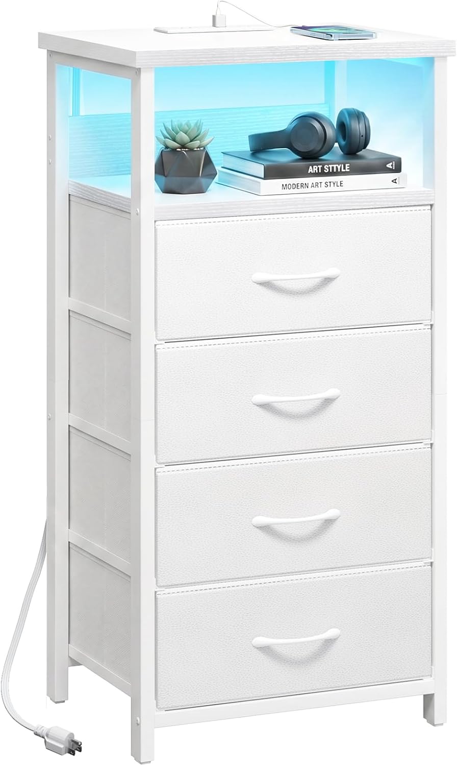Tall LED Nightstand with Charging Station & 4 Fabric Drawers