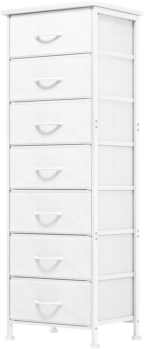 White Tall Dresser for Bedroom, Storage Dresser Organizer with 7 Fabric Drawers, Nightstand Furniture in Closet, Entryway, Hallway