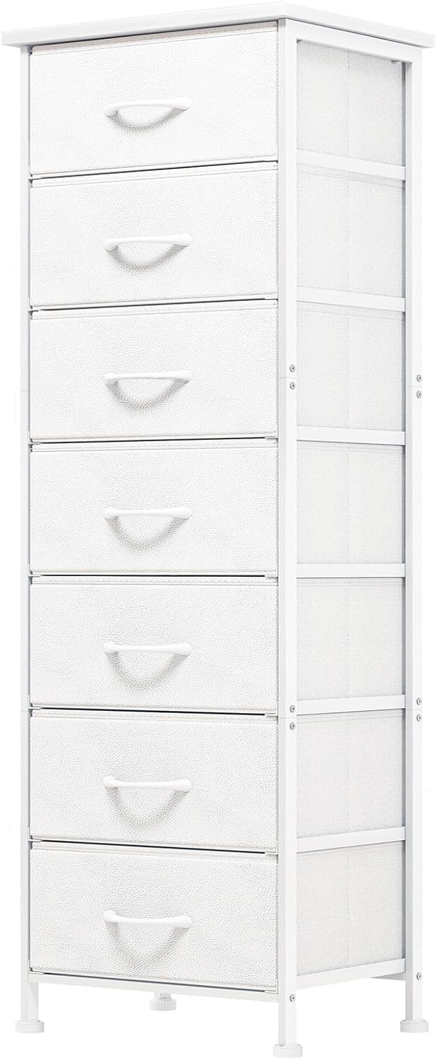 Fixwal White Tall Dresser for Bedroom, Storage Dresser Organizer with 7 Fabric Drawers, Nightstand Furniture in Closet, Entryway, Hallway