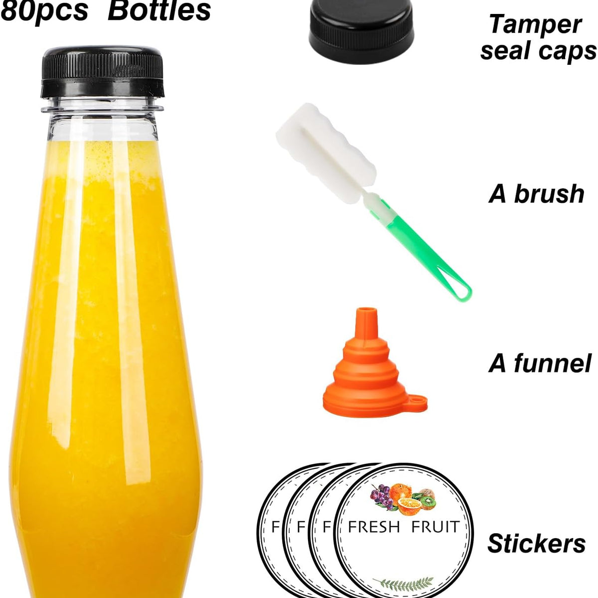 Moretoes 80pcs 12oz Juice Bottles, Empty Plastic Juicing Bottles with Caps, Cone Reusable Clear Bulk Beverage Containers for Juicing, Drinking, Milkshake, Tea, and Other Beverages