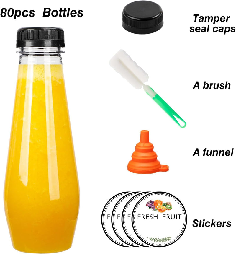 Moretoes 80pcs 12oz Juice Bottles, Empty Plastic Juicing Bottles with Caps, Cone Reusable Clear Bulk Beverage Containers for Juicing, Drinking, Milkshake, Tea, and Other Beverages